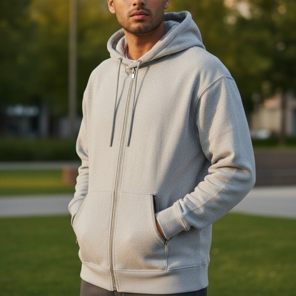 Men's Sweatshirt Jacket Sz XL Sherpa Lined Hoodie Pocket Warm Winter Light Gray